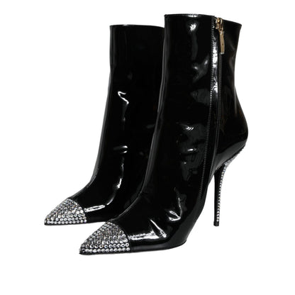 Dolce & Gabbana Black Patent Leather Crystal Heel Boots Shoes Dolce & Gabbana
