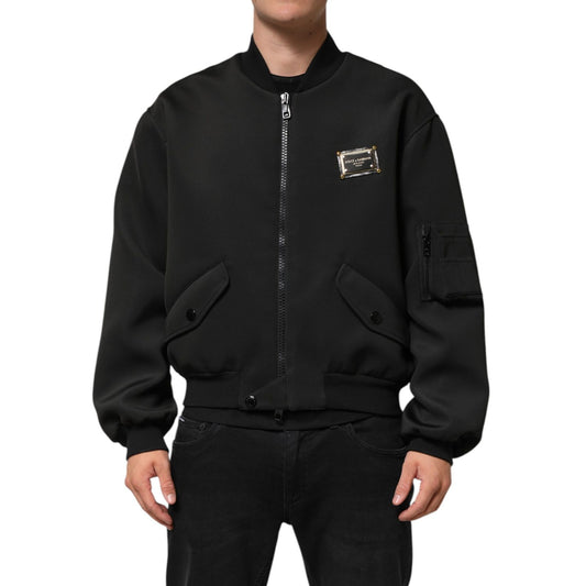 Dolce & Gabbana Black Polyester Logo Plaque Bomber Jacket Dolce & Gabbana