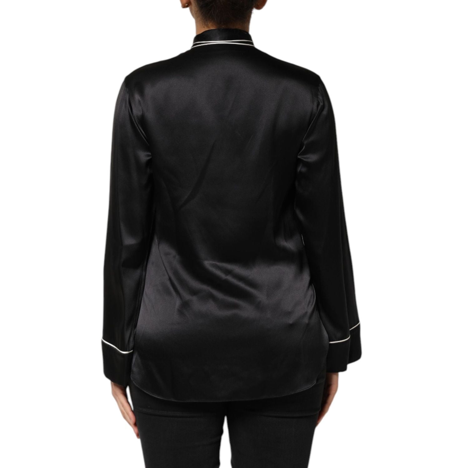 Dolce & Gabbana Black Silk Ascot Collared Button Blouse Top