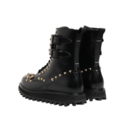 Dolce & Gabbana Black Studded Lace Up Mid Calf Boots Shoes