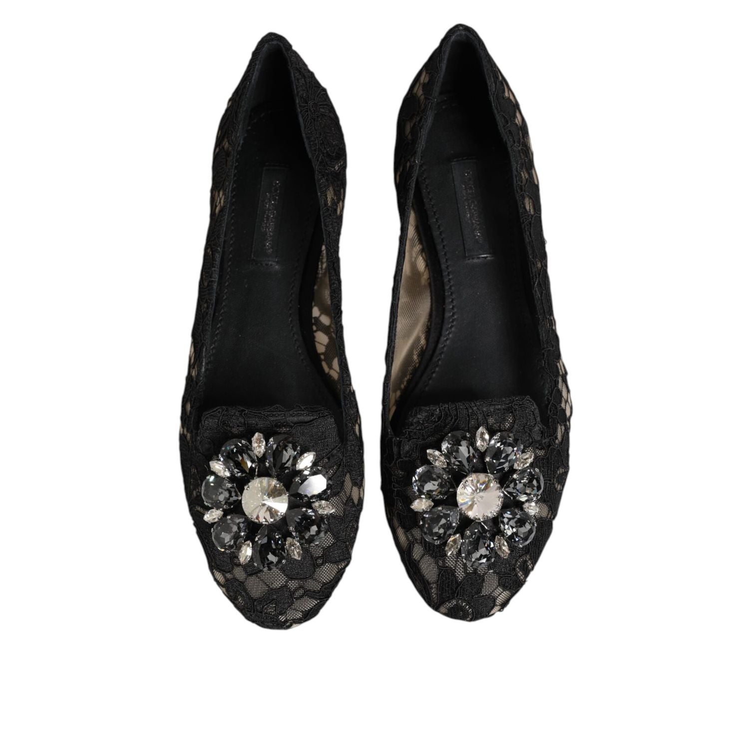 Dolce & Gabbana Black Taormina Lace Crystals Flats Shoes