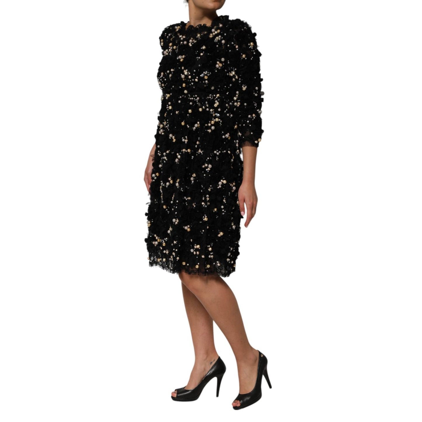 Dolce & Gabbana Black Viscose Pearl Embellishment Shift Dress