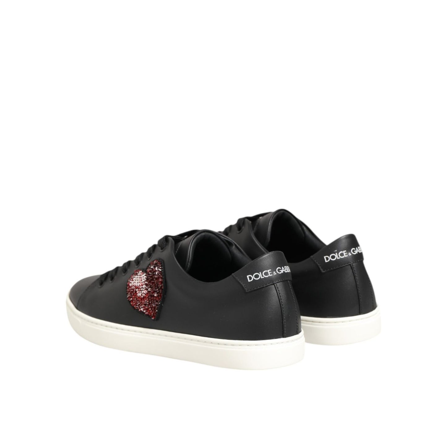 Dolce & Gabbana Black White Leather Crystal Heart Sneakers Shoes