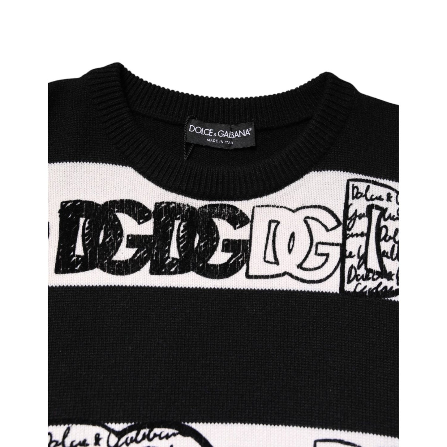Dolce & Gabbana Black White Logo Print Wool Pullover Sweater