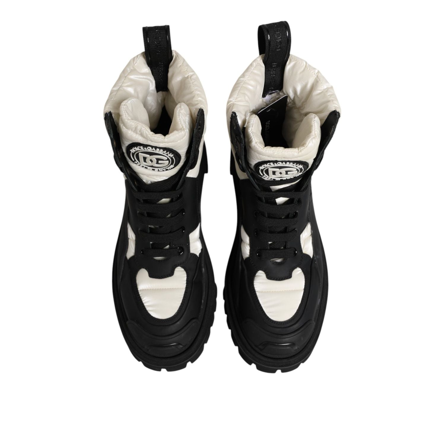 Dolce & Gabbana Black White Padded Mid Calf Lace Up Boots Shoes