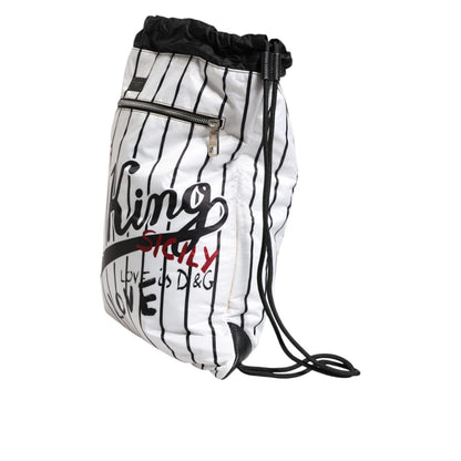 Dolce & Gabbana Black White Striped Polyester Drawstring Bag
