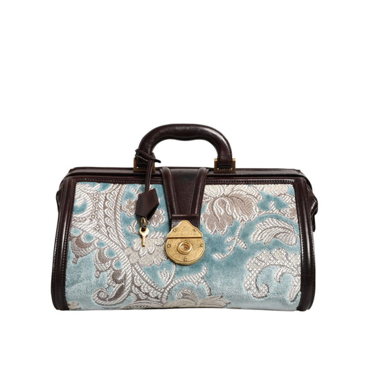 Dolce & Gabbana Blue Brown Leather Floral Jacquard Travel Handbag Bag Dolce & Gabbana