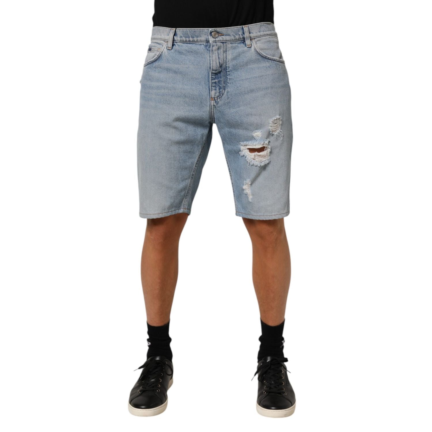 Dolce & Gabbana Blue Cotton Distressed Denim Bermuda  Shorts