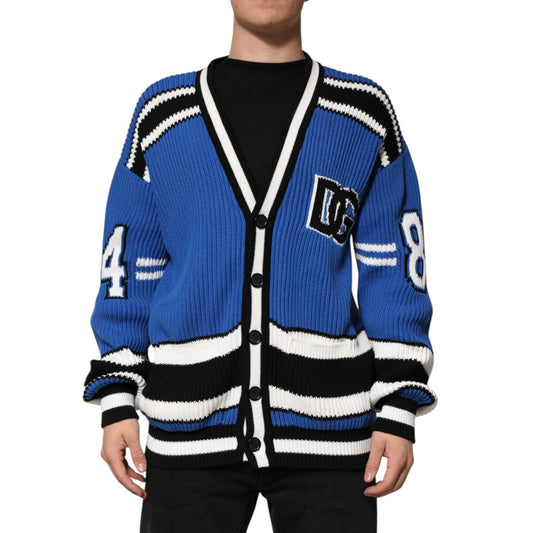 Dolce & Gabbana Blue Cotton Logo Patch Ribbed Knit Cardigan Sweater Dolce & Gabbana