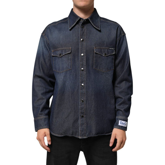 Dolce & Gabbana Blue Denim Button Casual Logo Patch Men Shirt Dolce & Gabbana