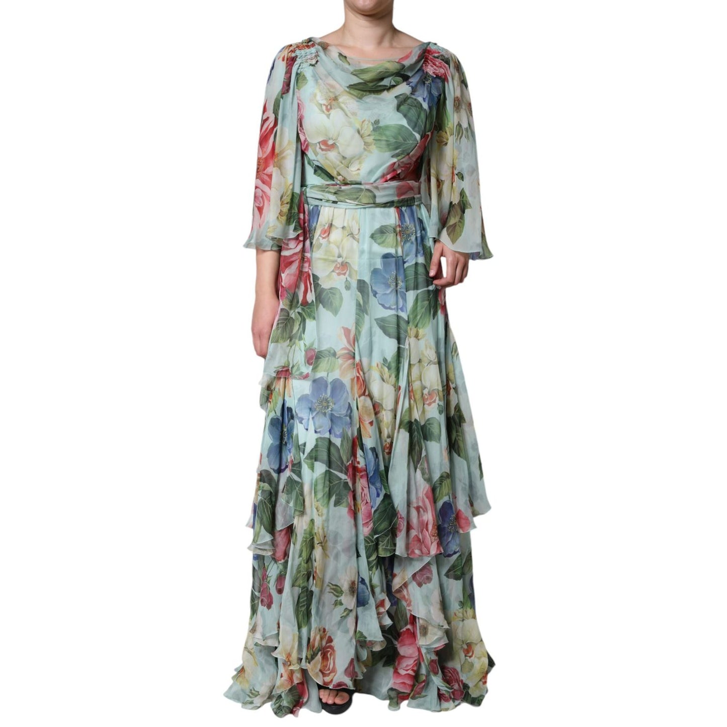 Dolce & Gabbana Blue Floral Print Tiered Long Maxi Dress