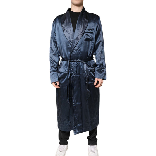 Dolce & Gabbana Blue Solid Silk Men Wrap Robe Coat Jacket Dolce & Gabbana
