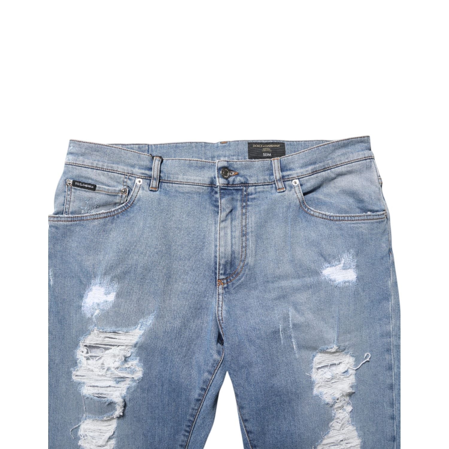 Dolce & Gabbana Blue Tattered Slim Fit Cotton Denim Jeans
