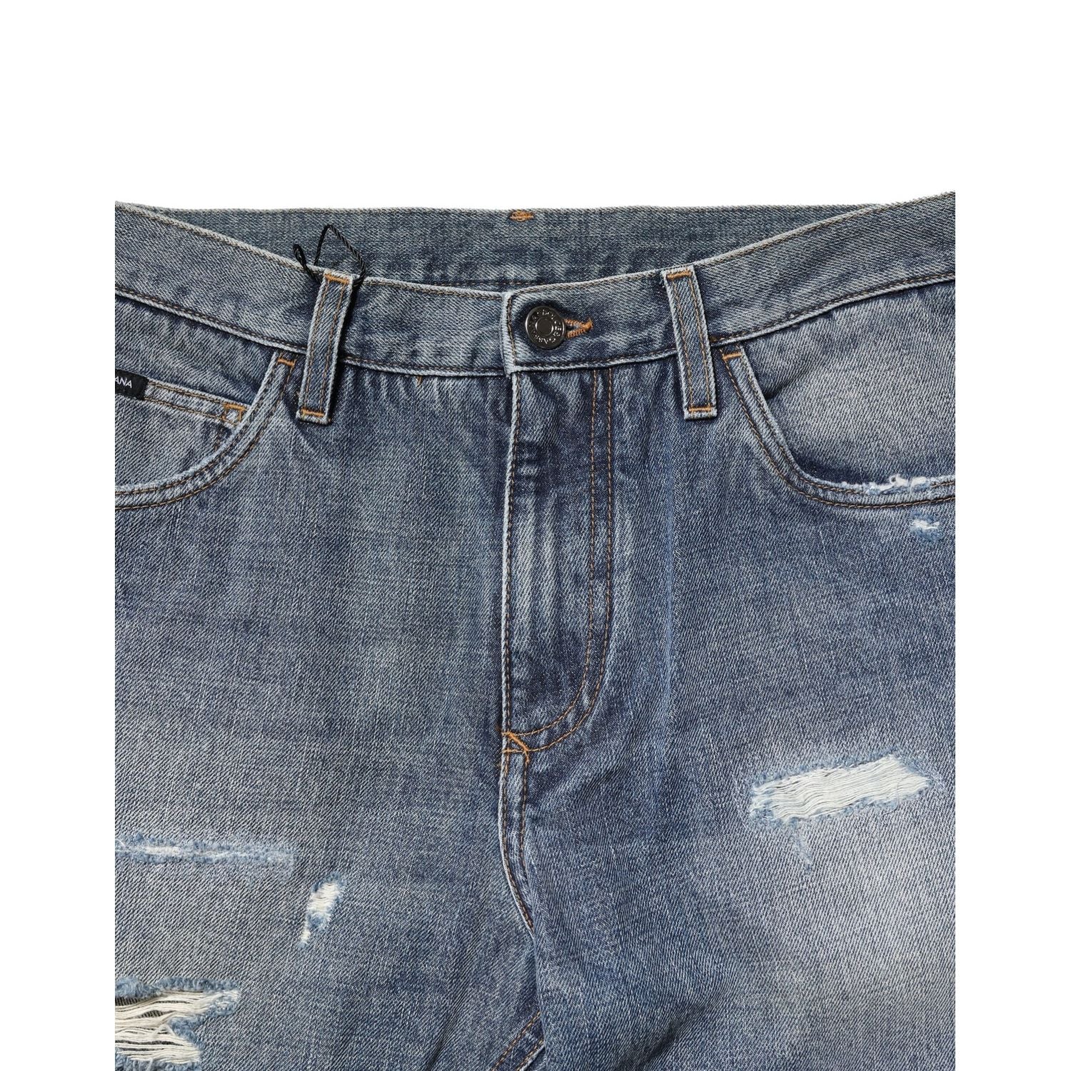 Dolce & Gabbana Blue Washed Tattered Straight Fit Denim Jeans