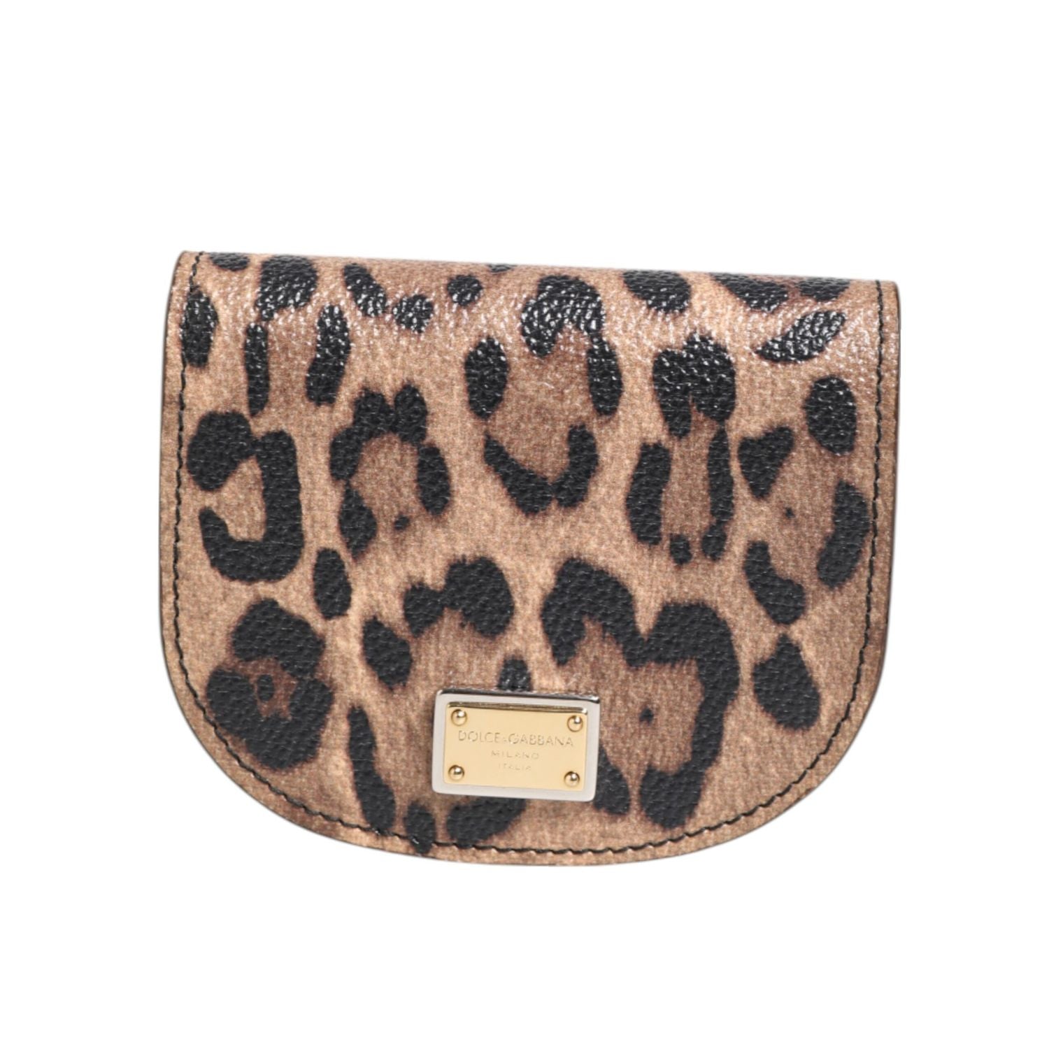 Dolce & Gabbana Brown Black Calf Leather Leopard Print Logo Plaque Wallet