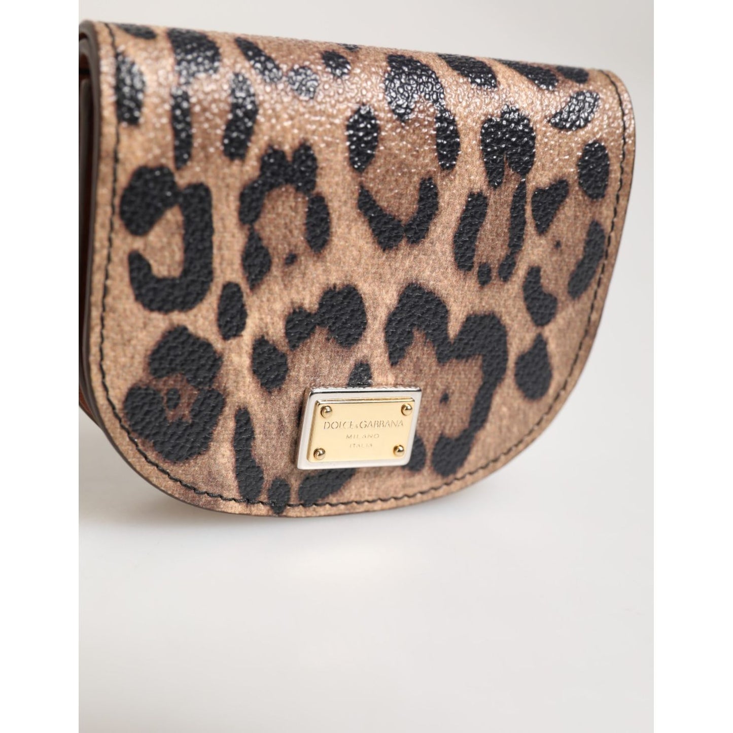 Dolce & Gabbana Brown Black Calf Leather Leopard Print Logo Plaque Wallet