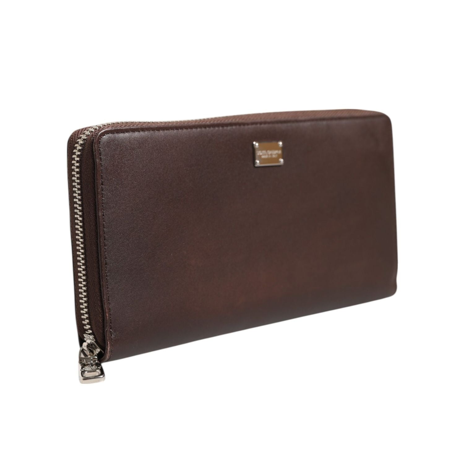 Dolce & Gabbana Brown Calfskin Leather Logo Zip Around Continental Wallet