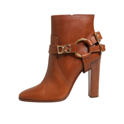 Dolce & Gabbana Brown Leather DG Logo Buckle Ankle Boots Shoes