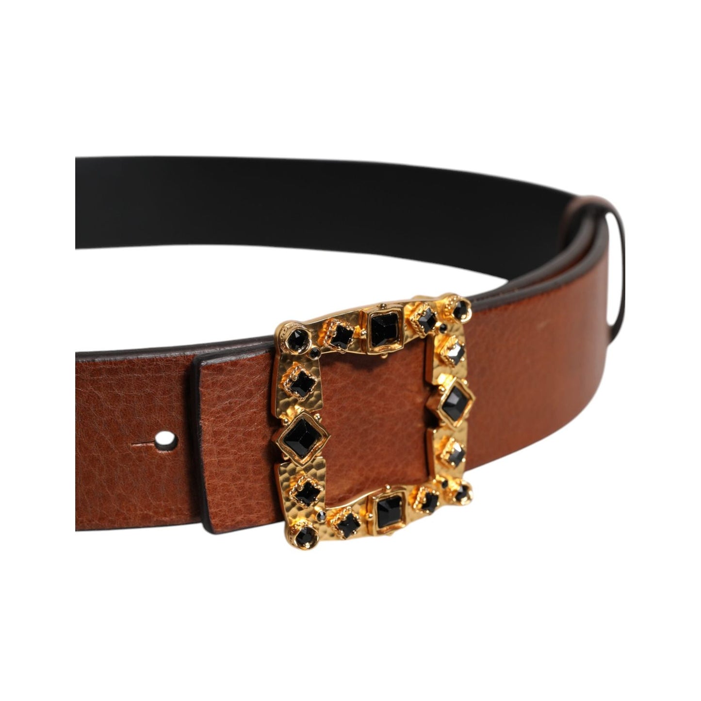 Dolce & Gabbana Brown Leather Gold Crystal Buckle Belt