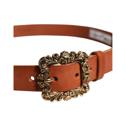Dolce & Gabbana Brown Leather Gold Metal Baroque Buckle Belt