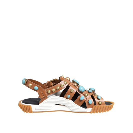 Dolce & Gabbana Brown Leather Studded Slides Sandals Shoes Dolce & Gabbana