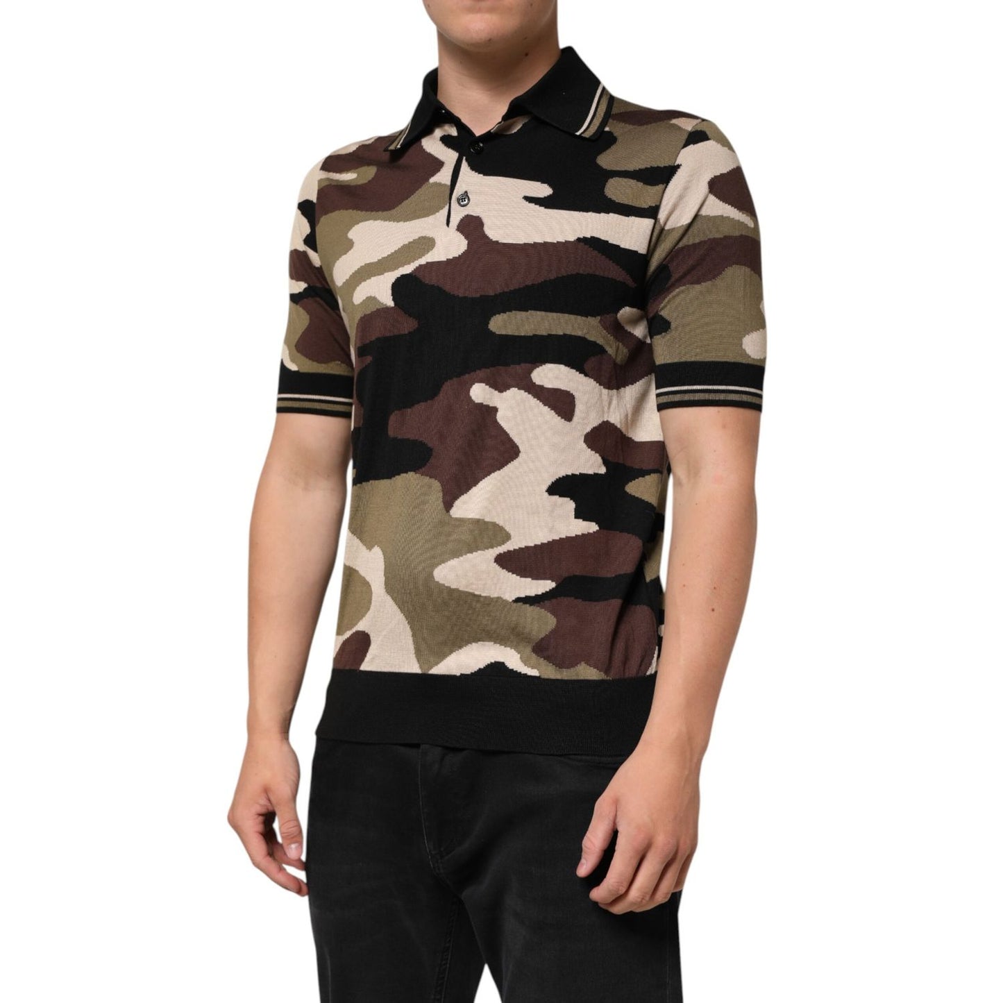 Dolce & Gabbana Camouflage Brown Silk Military Polo T-shirt