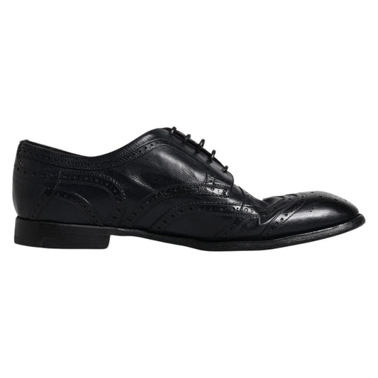 Dolce & Gabbana Dark Blue Leather Derby Wingtip Formal Shoes Dolce & Gabbana