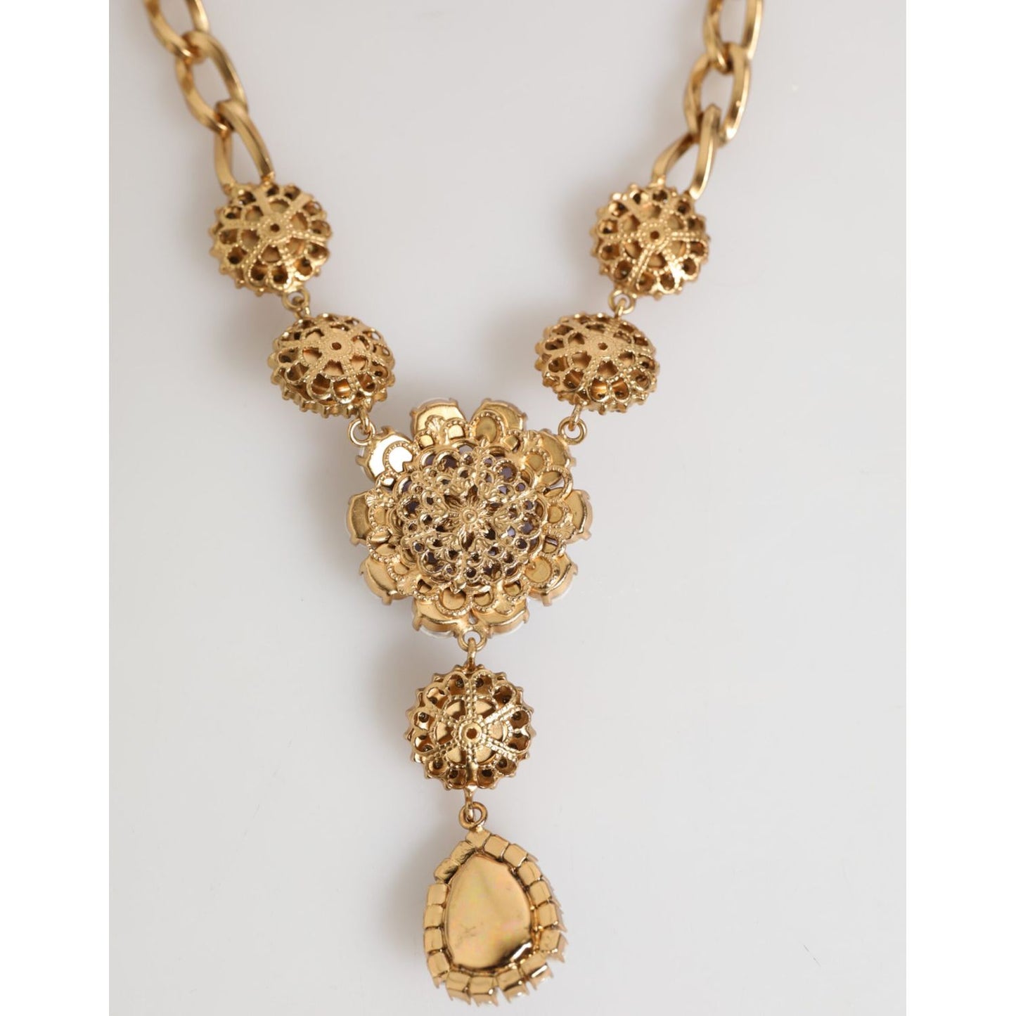 Dolce & Gabbana Gold Brass Crystal Pearl Purple Floral Pendant Jewelry Necklace