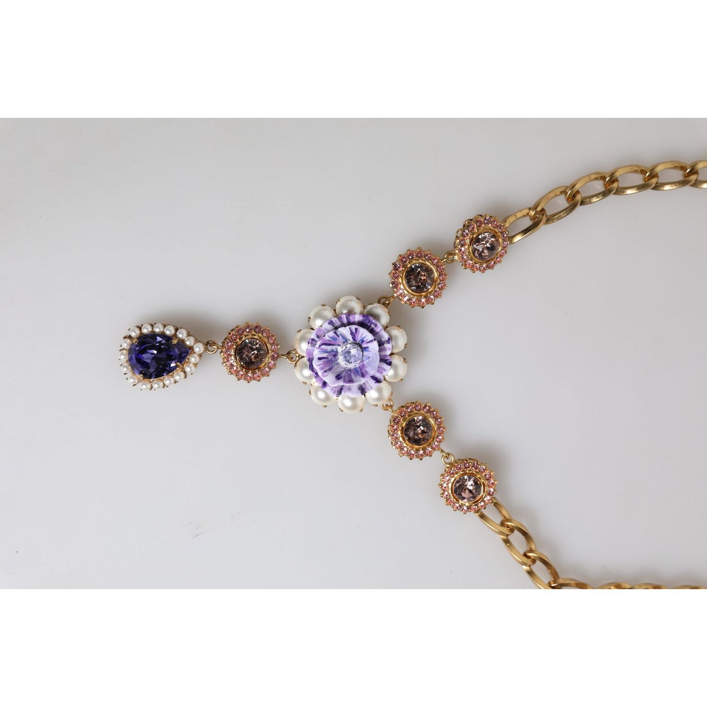 Dolce & Gabbana Gold Brass Floral Crystals Pearl Embellished Necklace