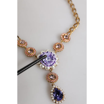 Dolce & Gabbana Gold Brass Floral Crystals Pearl Embellished Necklace