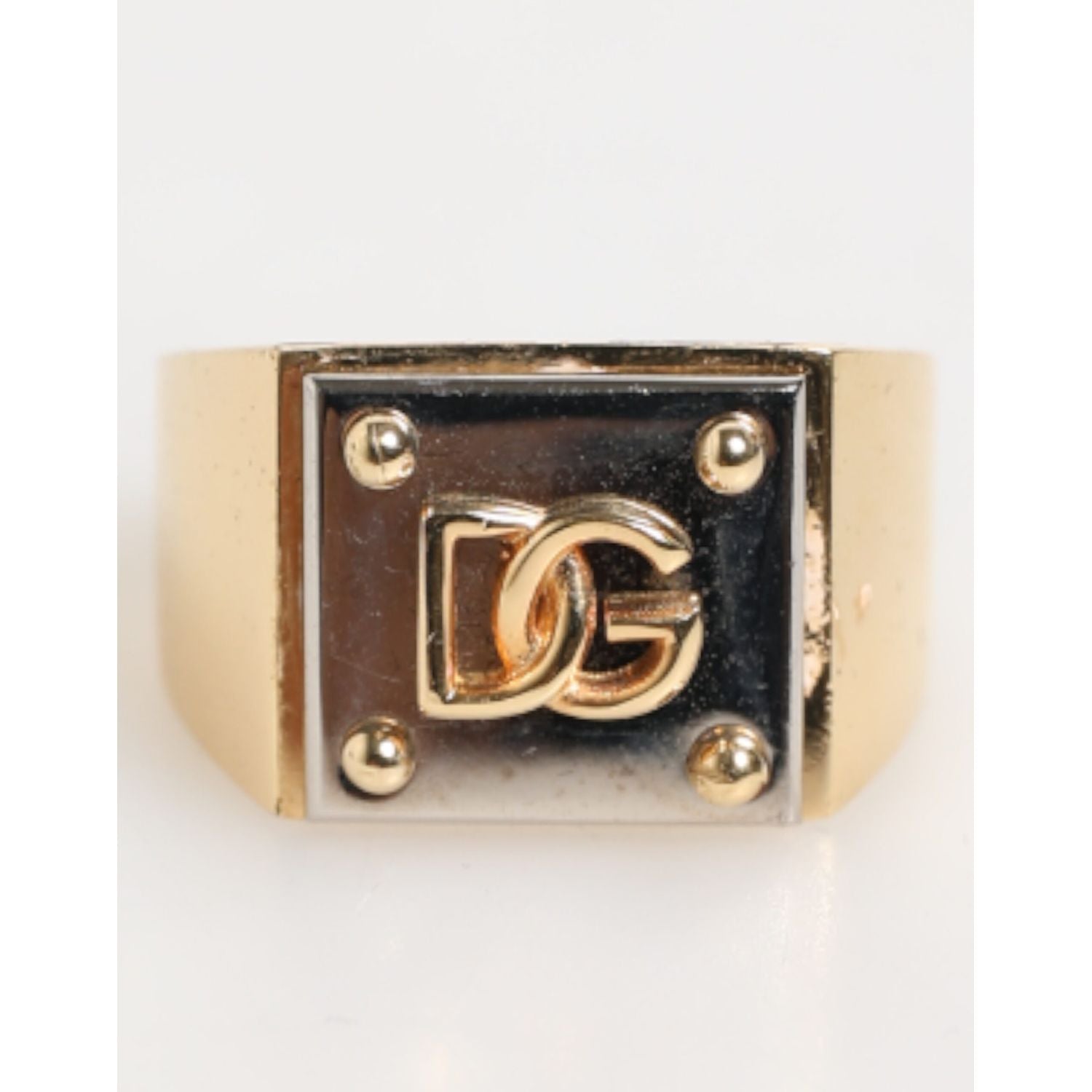 Dolce & Gabbana Gold Tone Brass Signet Square DG Logo Plaque Men Ring