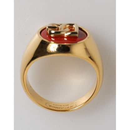 Dolce & Gabbana Gold Tone Real Brass Red DG Logo Men Ring