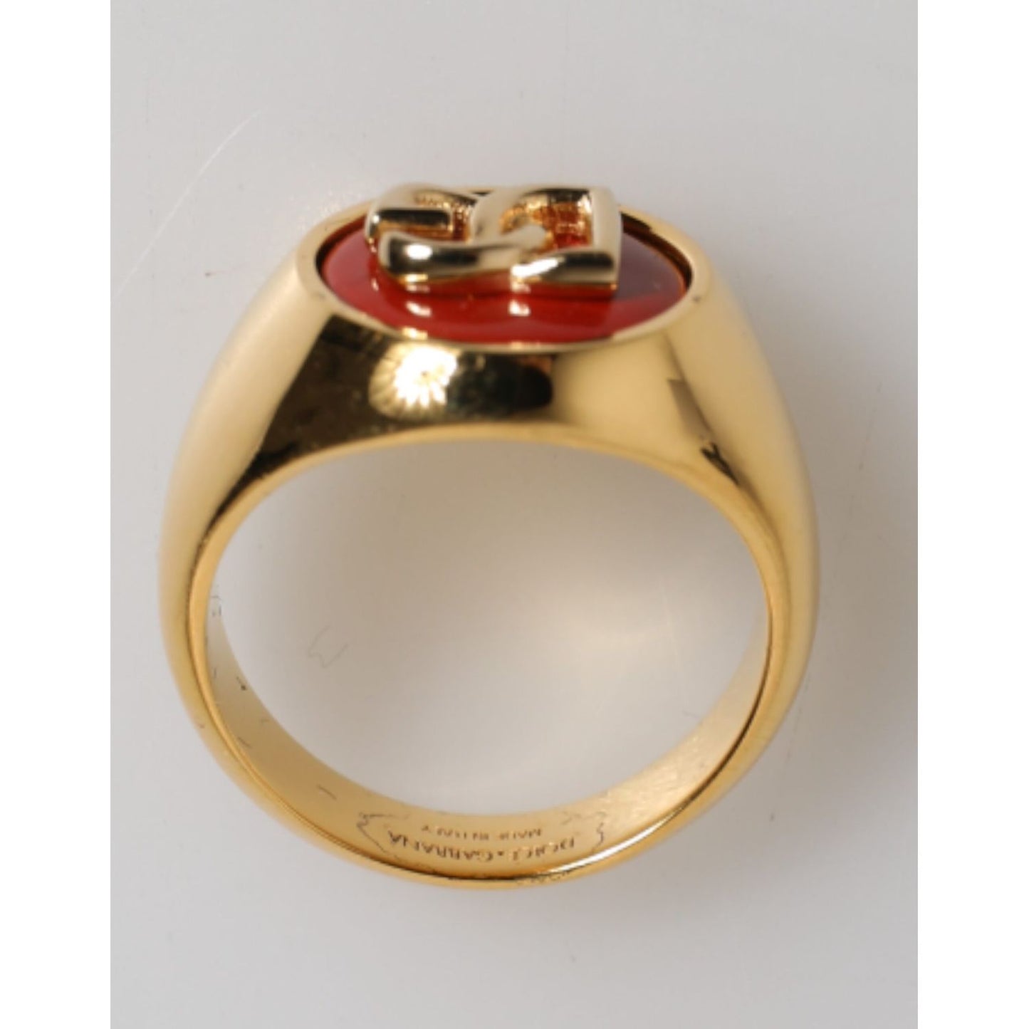 Dolce & Gabbana Gold Tone Real Brass Round Red DG Logo Men Ring