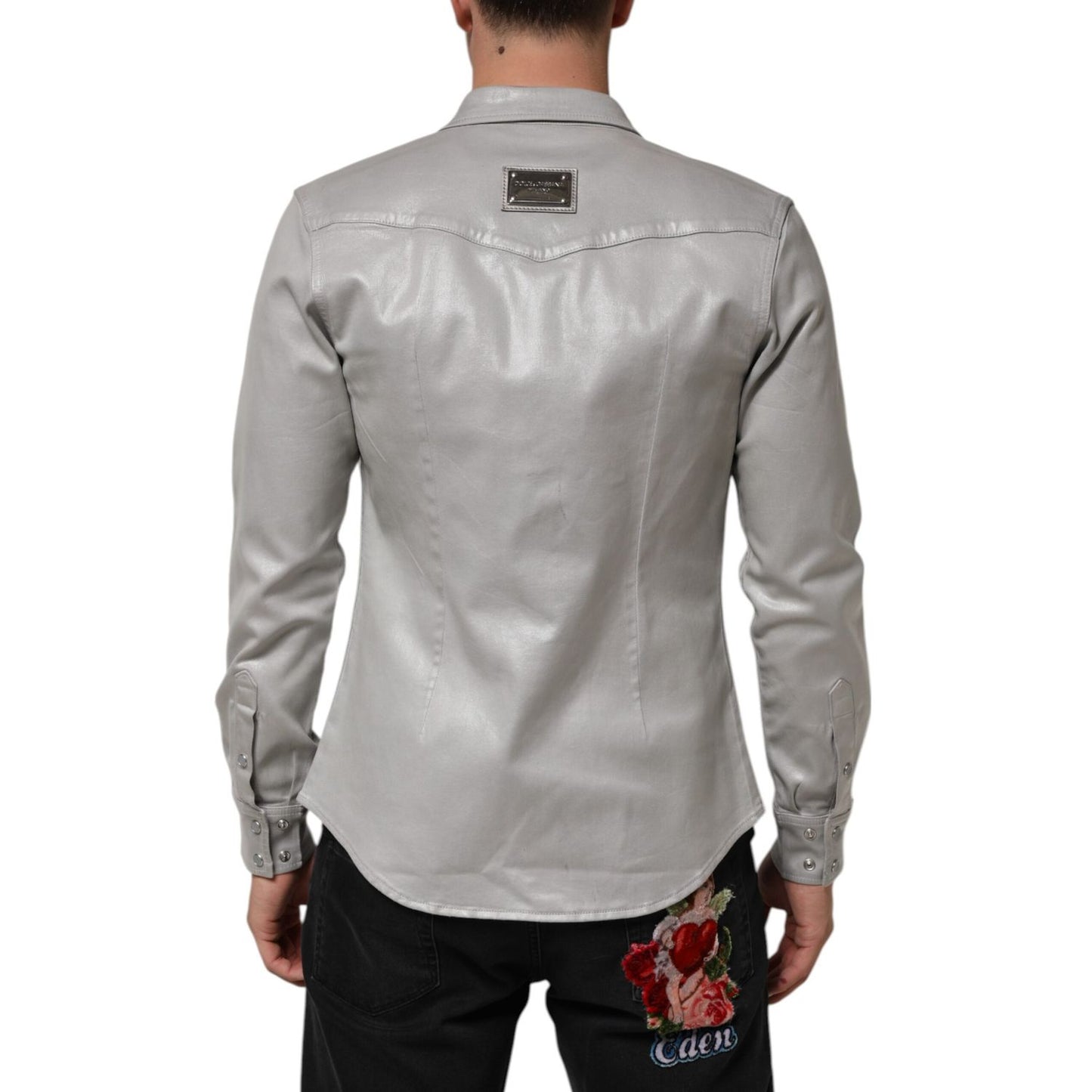 Dolce & Gabbana Gray Coated Cotton Snap Button Logo Men Shirt