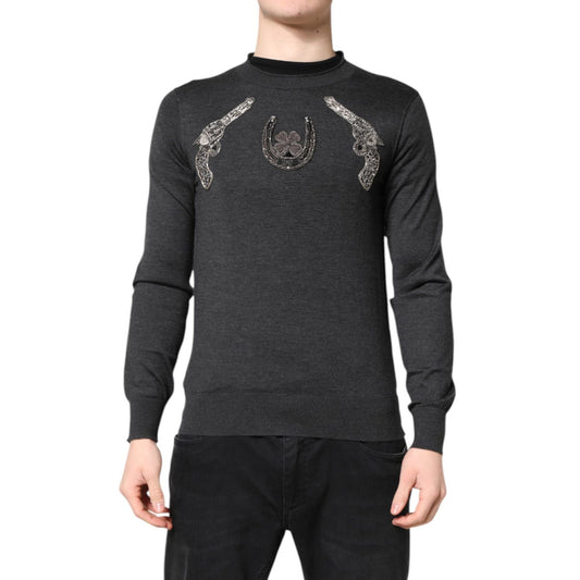 Dolce & Gabbana Gray Embroidery Knit Men Pullover Sweater Dolce & Gabbana