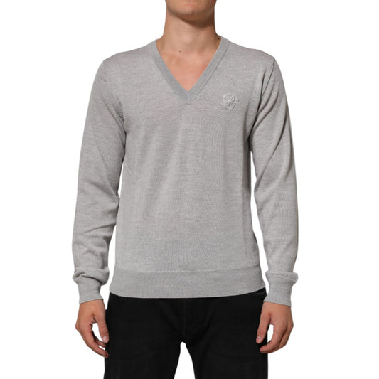 Dolce & Gabbana Gray Wool Knit Logo V-Neck Pullover Sweater Dolce & Gabbana