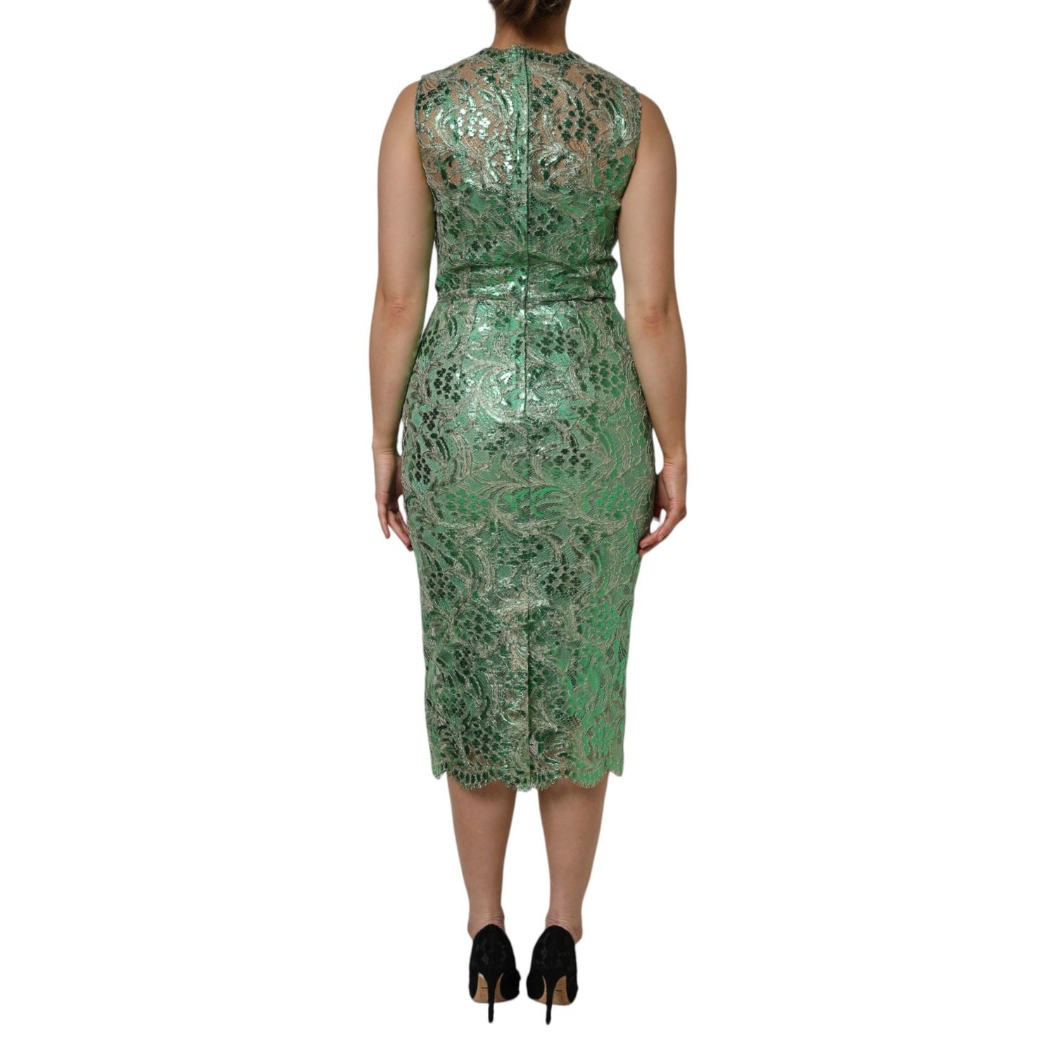 Dolce & Gabbana Green Cotton Floral Lace Sheath Midi Dress