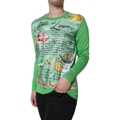 Dolce & Gabbana Green Lemon Print Pullover Silk Women Sweater