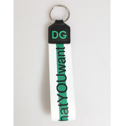 Dolce & Gabbana Green Logo Polyester Silver Brass Holder Keychain Keyring