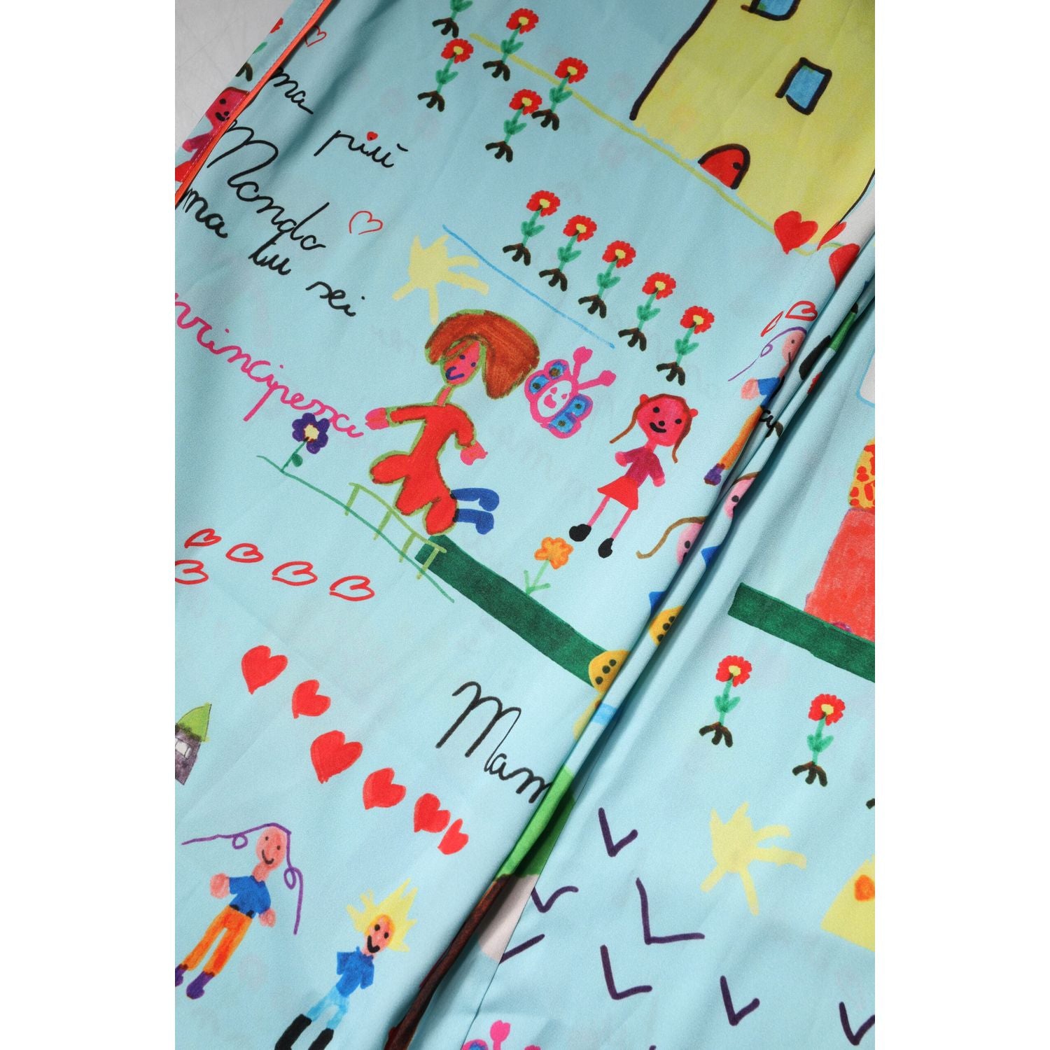 Dolce & Gabbana Light Blue Drawing Mid Waist Wide Leg Pants