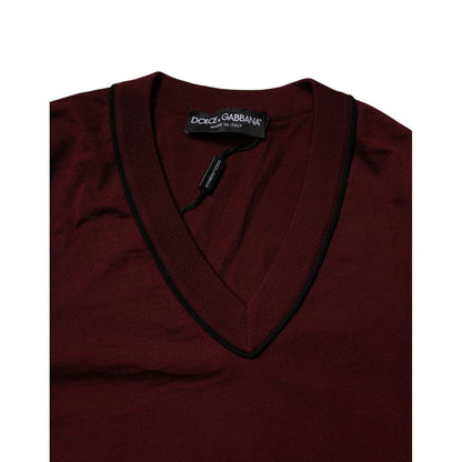 Dolce & Gabbana Maroon Cashmere V-neck Men Pullover Sweater