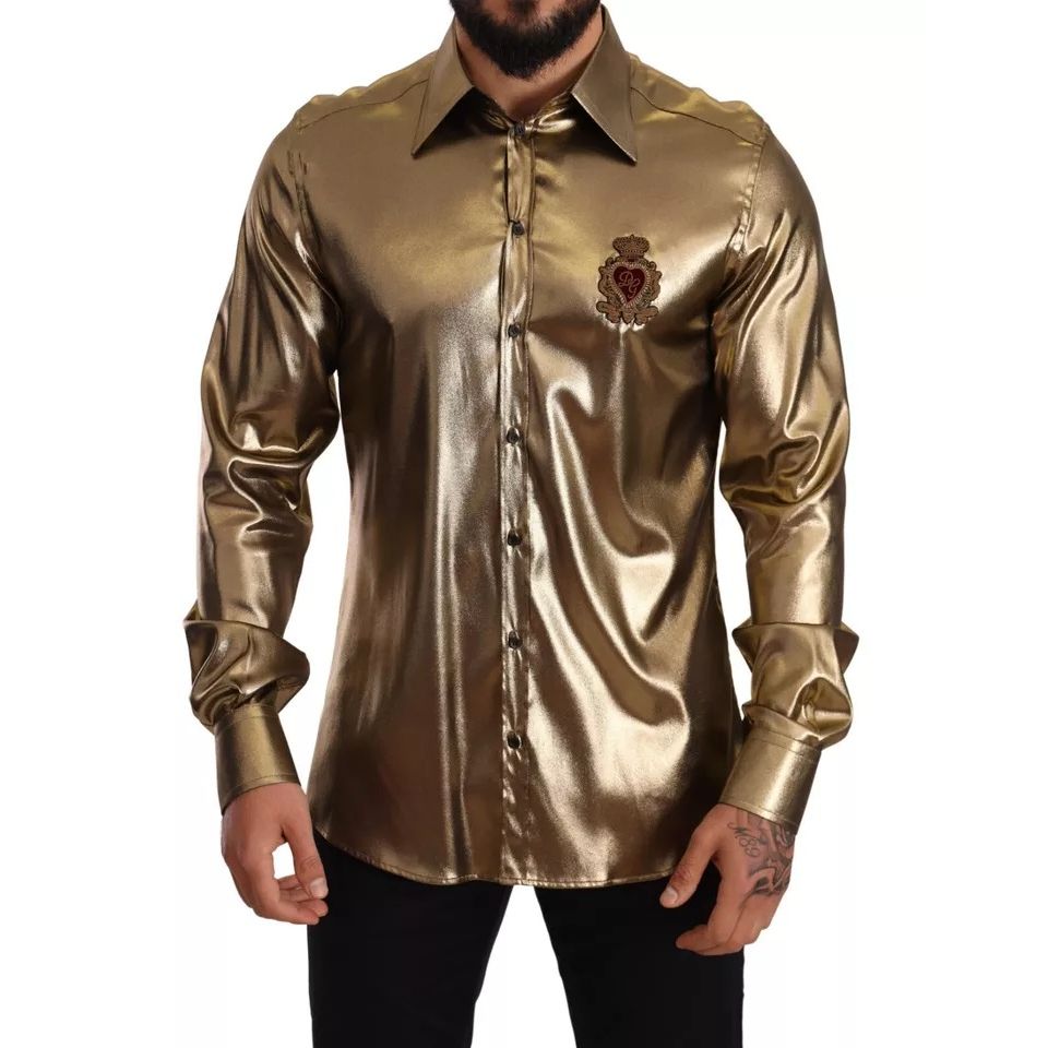 Dolce & Gabbana Metallic Gold DG Embroidered Crown Silk Top Shirt