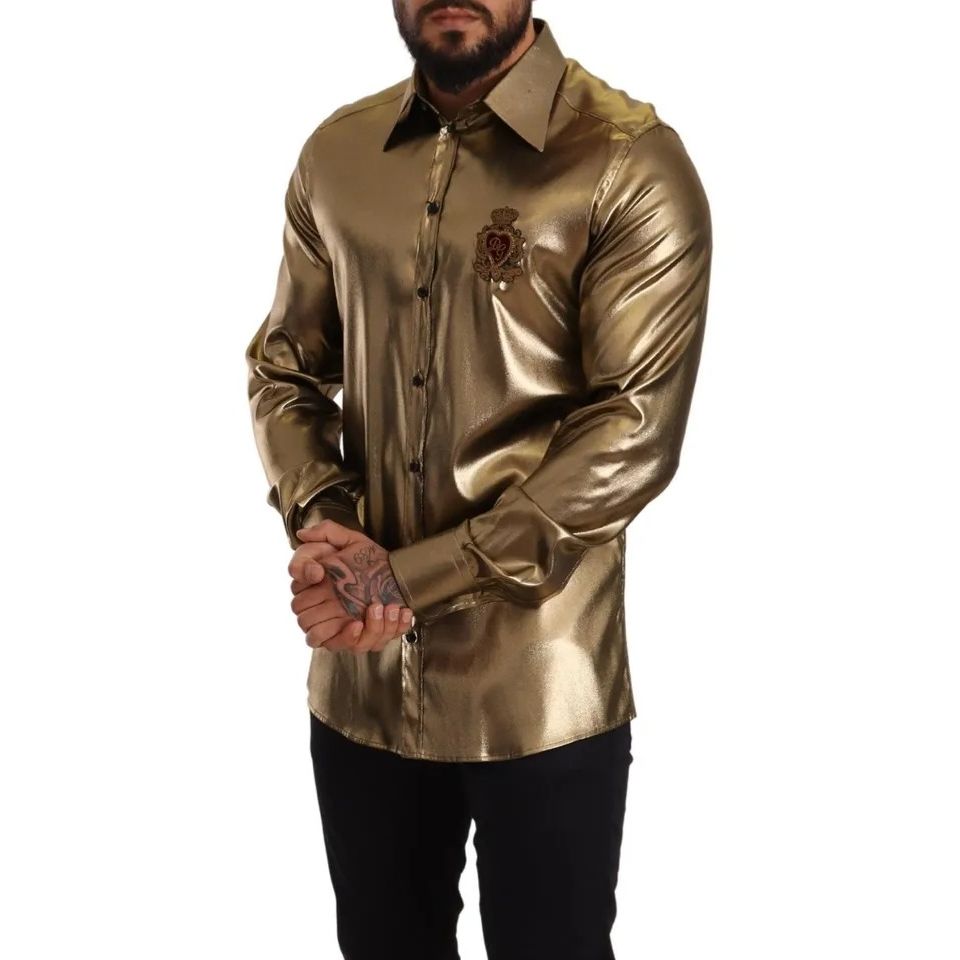 Dolce & Gabbana Metallic Gold DG Embroidered Crown Silk Top Shirt