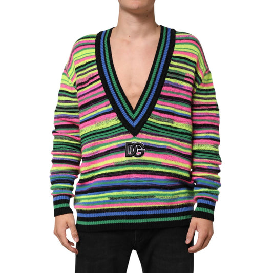 Dolce & Gabbana Multicolor DG Logo V-Neck Knit Pullover Sweater Dolce & Gabbana
