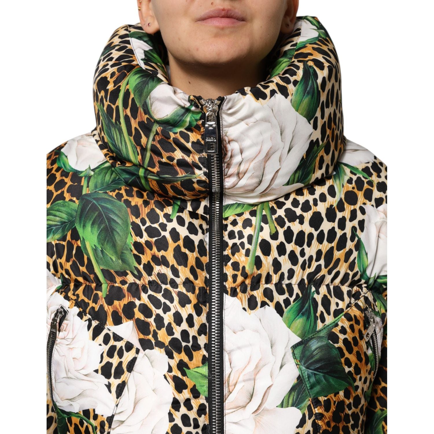 Dolce & Gabbana Multicolor Leopard Rose Puffer Quilted Jacket