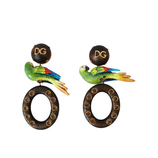 Dolce & Gabbana Multicolor Parrot Wood Brass Crystal Embellished Earrings Dolce & Gabbana