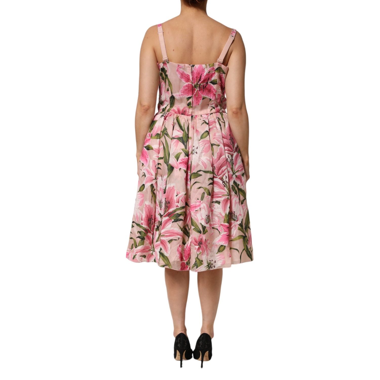Dolce & Gabbana Pink Floral Lily Print Midi Sleeveless Dress
