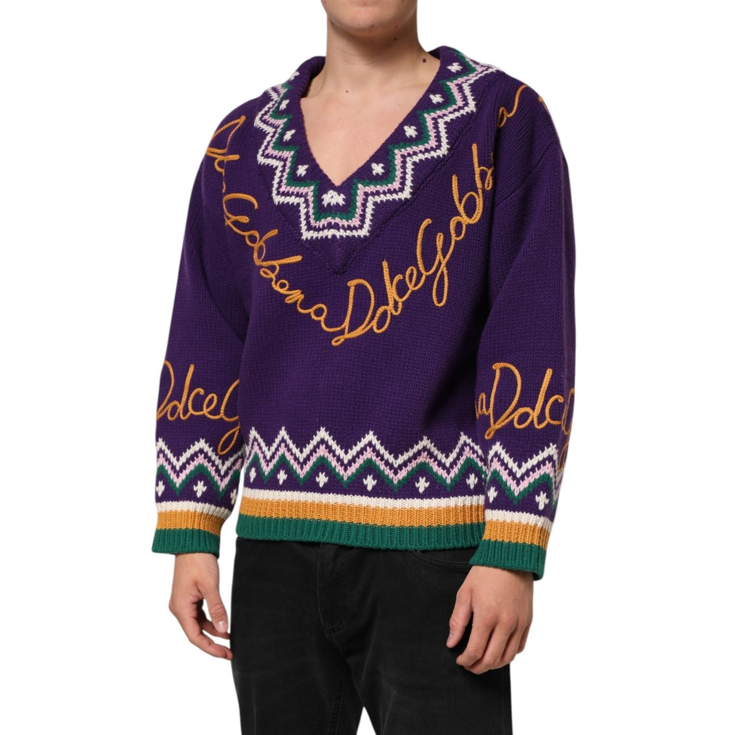 Dolce & Gabbana Purple Wool DG Logo Men Knit Pullover Sweater