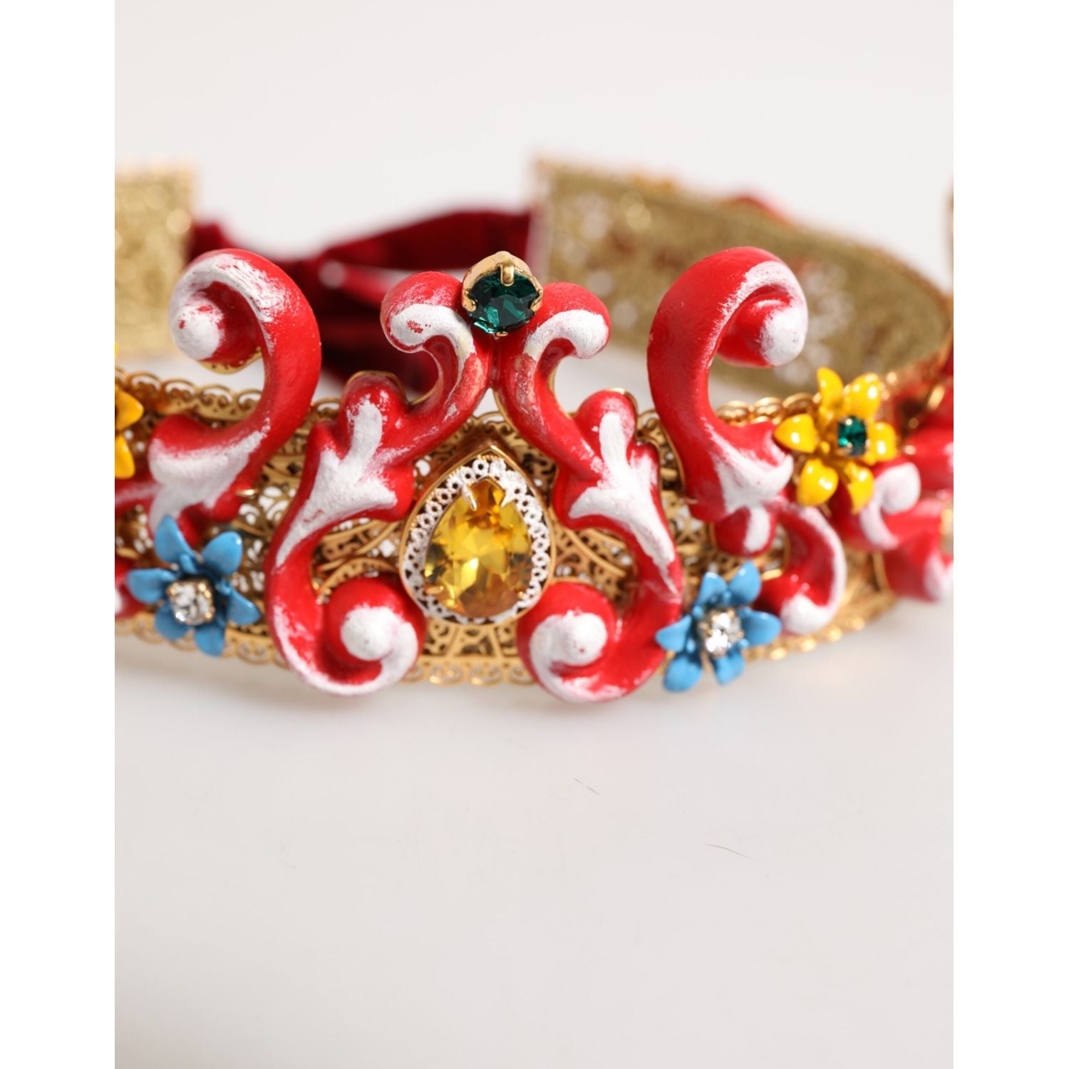 Dolce & Gabbana Red Carretto Multicolor Crystal Gold Tiara Crow Headband