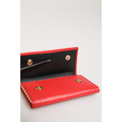 Dolce & Gabbana Red Leather Silver Metal Logo Plaque Trifold Key Holder